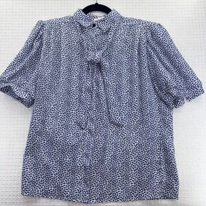 Vintage Laura Mae Mae Blue White Houndstooth Abstract‎ Blouse Bow Neck Size 14